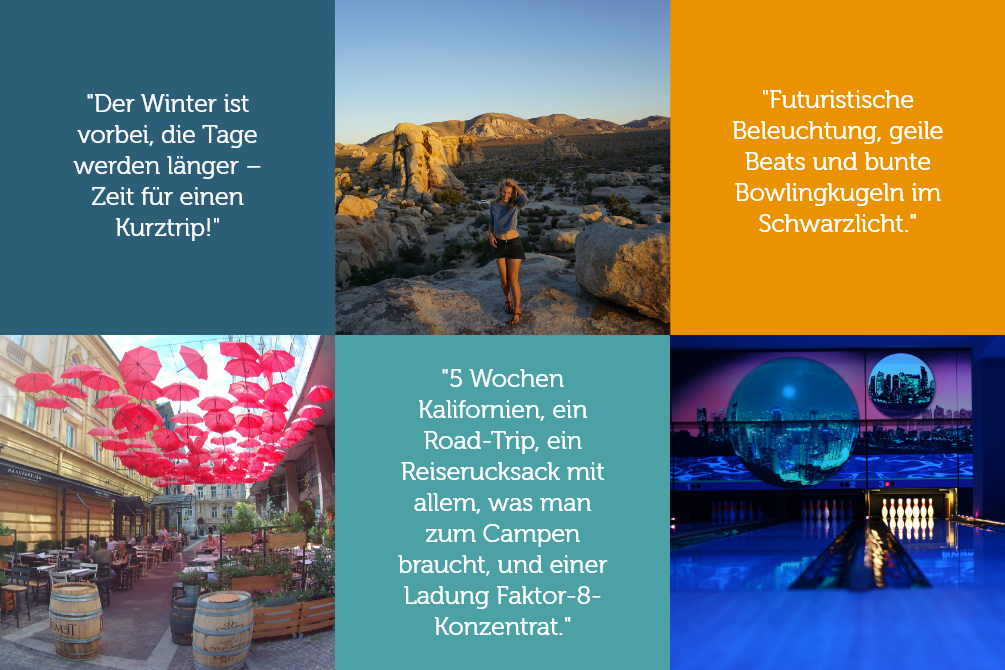 Bilder von Reisen & Indoor-Aktivitäten mit Zitaten daneben im Kachel-Design